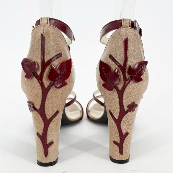 Prada Vintage S/S 1997 Beige Burgundy Leaf Detail Block Heel Sandal size IT 36.5 - Picture 9 of 13